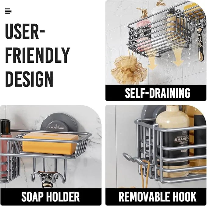LEVERLOC Shower Caddy Suction Cup, 2 Pack Shelves for Inside with Hooks and Soap Holder, NO-Drilling Bathroom Holder, Rustproof Meatl Bathroom Organizer, Grey - ModernBath