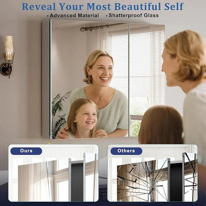 Bathroom Medicine Cabinet Mirror with Storage, 40 Inch x 26 Inch Silver Medicine Cabinet with Double Door & Adjustable Shelves for Vanity, Aluminum Surface, Wall-Mount or Recessed - ModernBath
