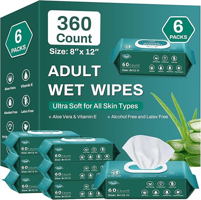 [360 Count] Adult Wipes for Elderly, 8" x 12" Extra Large Adult Wipes for Incontinence & Cleansing - Disposable Washcloth for Elderly Bathing No-Rinse - Vitamin E & Aloe - ModernBath
