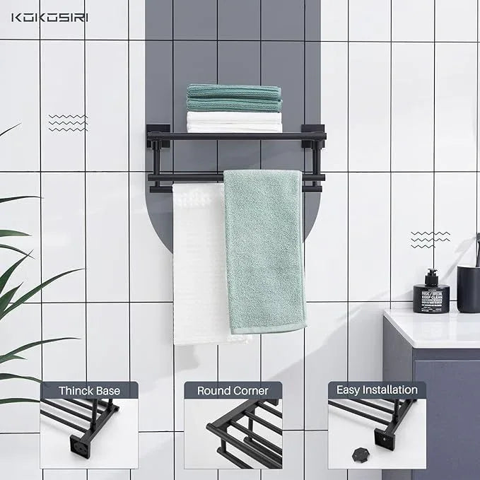 KOKOSIRI Bath Towel Rack with Double Towel Bars 16-Inch Bathroom Towel Shelves Towel Holder Wall Mounted Stainless Steel, Matte Black, B6005BK-L16 - ModernBath