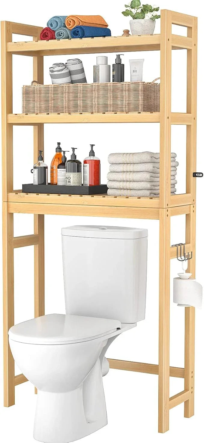Homykic Over The Toilet Storage, 3-Tier Bamboo Bathroom Shelf with 3 Hooks, Above Toilet Organizer Rack Freestanding for Small Space, Restroom, Laundry, Easy Assembly, Natural - ModernBath