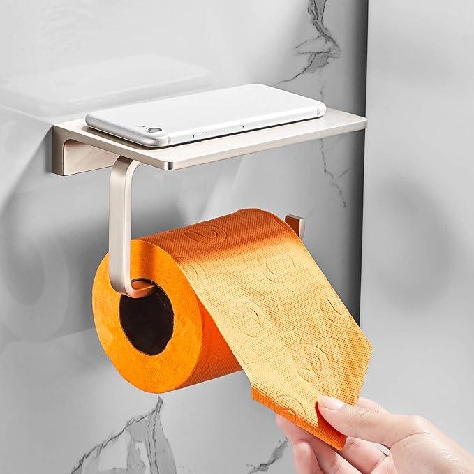 Toilet Roll Paper Holder Bathroom Solid Brass and Superior Hotel Style Wall Mount Tissue Roll Holder with Phone Shelf Brushed Nickel Finished - ModernBath