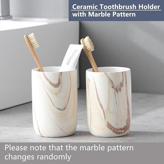 Brown Marble Toothbrush Holder - Ceramic Toothbrush Holder for Bathrooms, Toothbrush Toothpaste Holders, Marble Bathroom Tumbler Cups Reusable Toothbrush Mouthwash Cup, Bathroom Counter Organizer - ModernBath