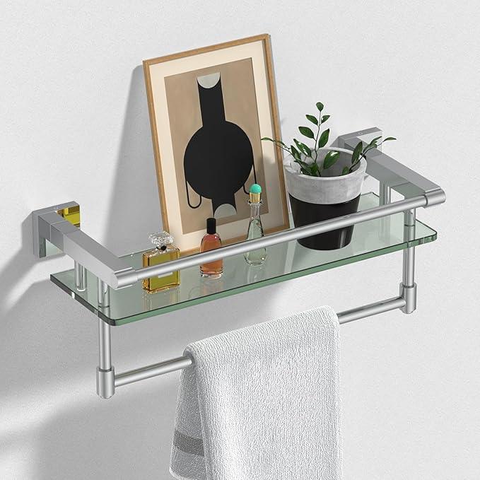 Glass Shelf for Bathroom 16 in Bathroom Shelves with Towel Bar Tempered Glass Shelves with Stainless Steel Towel Holder for Wall (Chrome Polished) - ModernBath