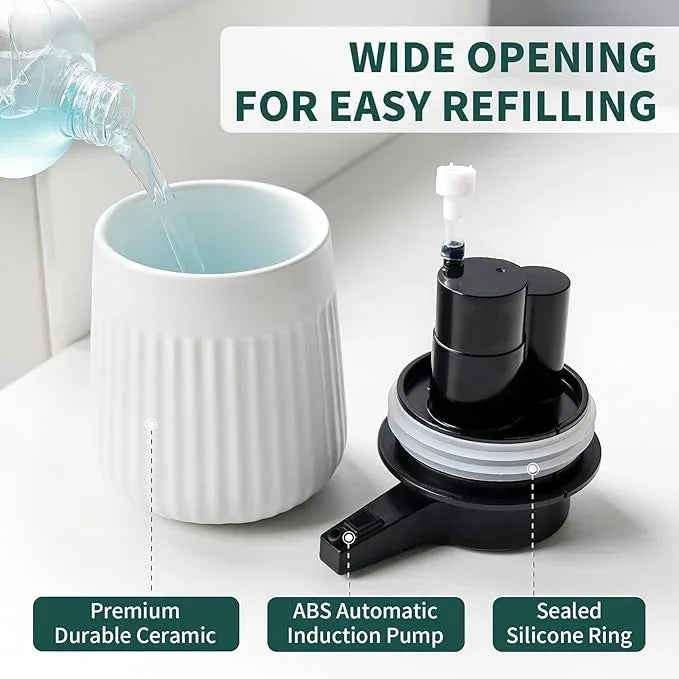 BosilunLife Ceramic Automatic Soap Dispenser with Extended Pump Nozzle, 3 Adjustable Levels, Touchless Foam Hand Wash Foaming Dispenser for Bathroom & Kitchen, Striped Design, White, 10oz - ModernBath