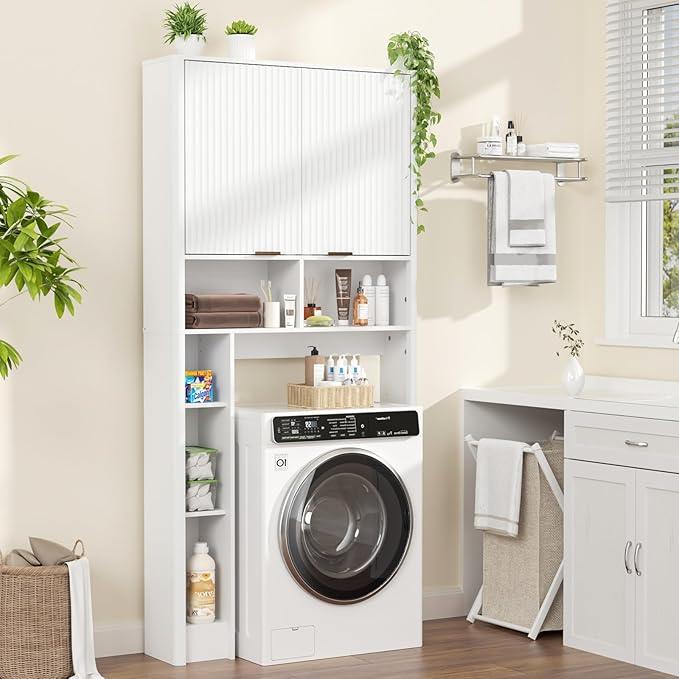 31" W Over The Toilet Storage Cabinet with Fluted Door, White Bathroom Organizer with Adjustable Shelf, 67''H Tall Toilet Paper Holder Stand Wave Door for Restroom, Laundry Room - ModernBath