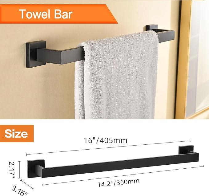Towel Racks for Bathroom Black,5-Piece 16" Towel Bar Bathroom Hardware Accessories Wall Mounted Include Hand Towel Rod,Toilet Paper Holder with Shelf,Towel Holder,Robe Hook Matte - ModernBath