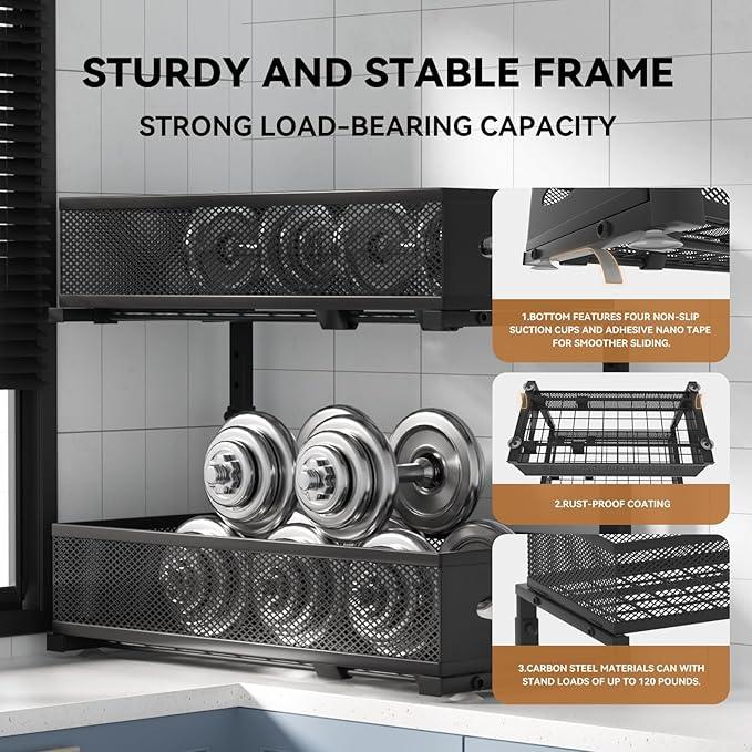 2 Pack Under Sink Organizer,2 Tier Pull Out Sink Shelf,Cabinet Organizer Shelves,Under Sink Shelf,Metal Sliding Drawer Storage for Kitchen Bathroom,Height Adjustable,Black - ModernBath