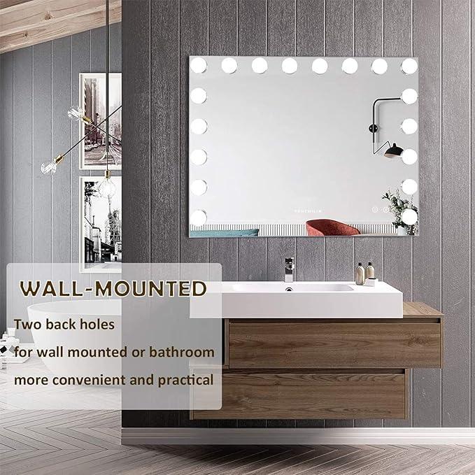 FENCHILIN Vanity Mirror with Lights 32''x23'' Tempered Glass Large Hollywood Mirror with 18 Dimmable Bulbs for Makeup Table/Hanging Bluetooth Speaker Mirror with Touch Screen & USB Charge Port - ModernBath