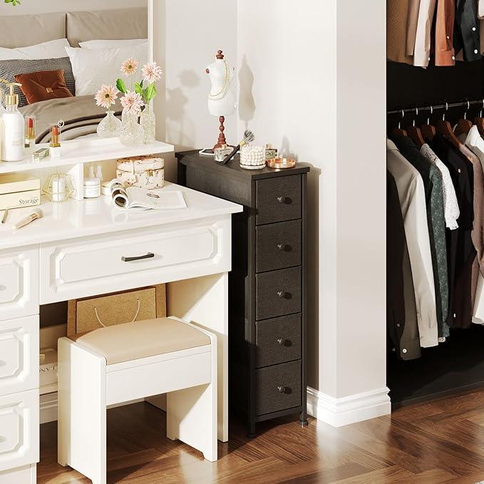 Narrow Dresser, 19" Wide Narrow Nightstand Dresser Storage Tower with 5 Drawers, Slim Fabric Dressers Chest of Drawers for Small Spaces, Wood Top & Fabric Bins for Bedroom Bathroom Closet (Black) - ModernBath