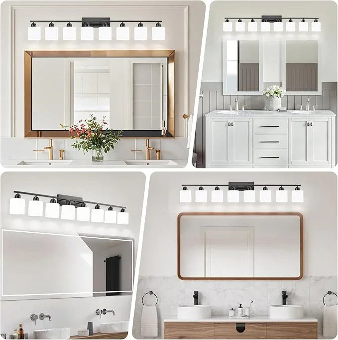FAISHILAN 8 Light Black Bathroom Light Fixtures Over Mirror for Big Mirror, Modern Bathroom Lighting with Milky White Frosted Glass Shades,51 inch Lights for Vanity for Mirrors, E26 - ModernBath