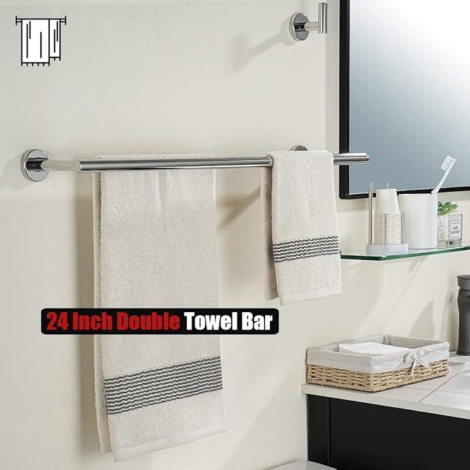 JQK Chrome Towel Bar, 24 Inch 304 Stainless Steel Thicken 0.8mm Double Bath Towel Rack for Bathroom, Towel Holder Polished Chrome Wall Mount, Total Length 27.16 Inch, TB100L24-CH - ModernBath