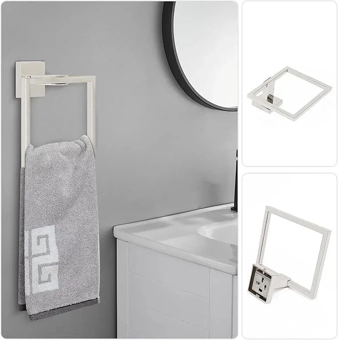 NearMoon 5 Pieces Bathroom Hardware Set 304 Stainless Steel, Square Towel Rack Kit - 24" Towel Rod + Towel Ring + Toilet Paper Holder + 2 Robe Hooks, Wall Mounted Bath Accessories (Chrome Finish) - ModernBath