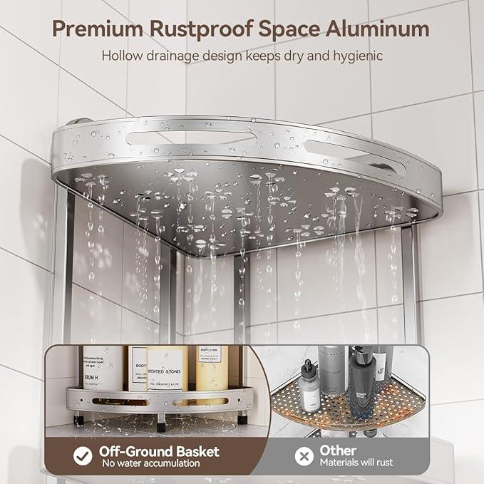 Corner Shower Caddy Standing, 3-Tier Rustproof Shower Organizer with Soap Holder, Aluminum Shower Shelf Stand for Bathroom Storage, Siver - ModernBath