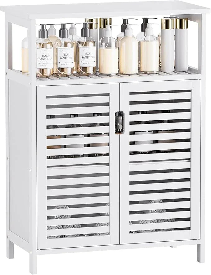 HITNET White Bathroom Cabinet, Bamboo Storage Cabinet Freestanding, Side Tall Storage Organizer for Kitchen Living Room Entryway - ModernBath