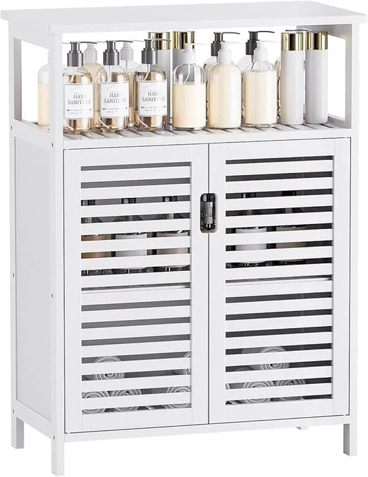 HITNET White Bathroom Cabinet, Bamboo Storage Cabinet Freestanding, Side Tall Storage Organizer for Kitchen Living Room Entryway - ModernBath