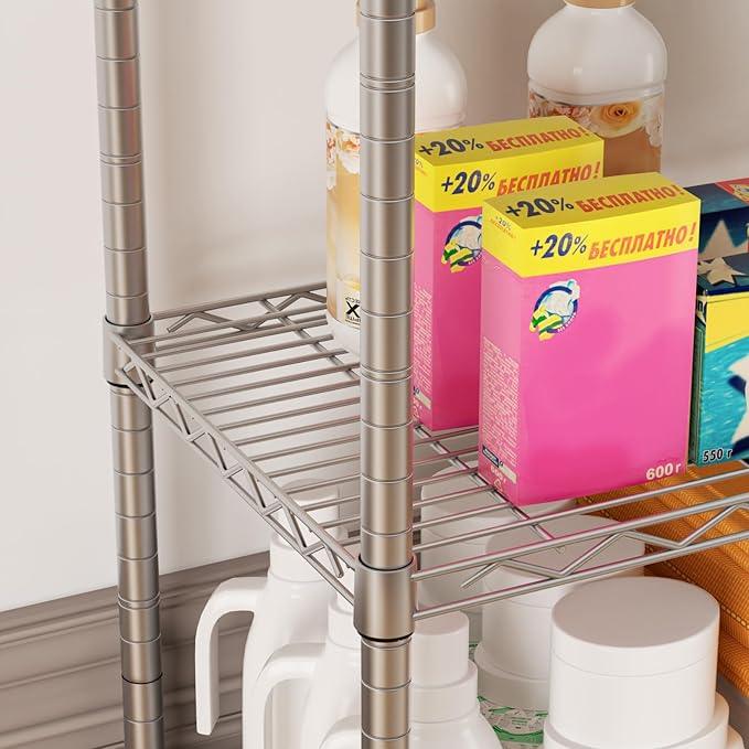 SINGAYE 5 Shelves Storage Shelf Wire Closet Bathroom Organizers Metal Pantry Kitchen Garage Shelving Unit Laundry Room Organization Home Rack Net Basket White with Wheels - ModernBath
