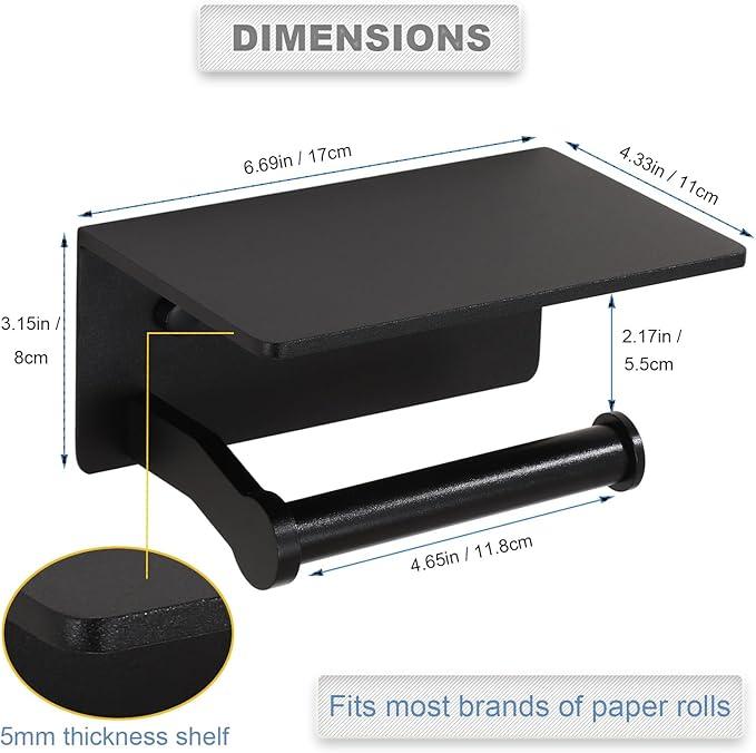 Toilet Paper Holder with Cell PhoneShelf - Toilet Tissue Holder with Wipes Storage, Wall Mounted by Adhesive Tape or Screw - Matte Black - ModernBath
