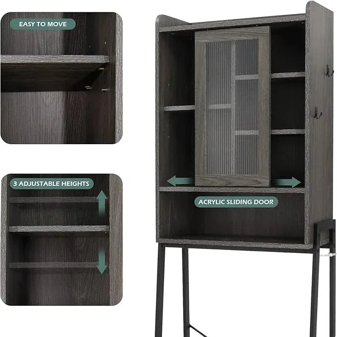 Over Toilet Storage Cabinet for Bathroom, Over Toilet Shelf Organizer, Freestanding Space Saver with Adjustable Shelves, Wide Open Shelf, Acrylic Sliding Door, Metal Frame, Vintage Grey - ModernBath