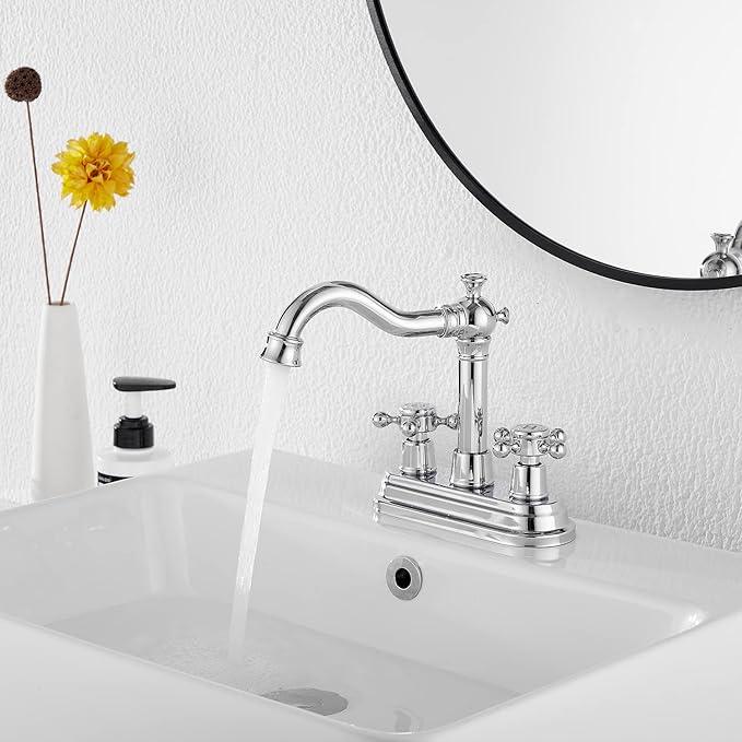 Chrome Bathroom Faucet GGStudy 2 Handles 4 Inches Centerset Bathroom Vanity with Drain Assembly and Supply Hose Lavatory Faucet Mixer Double Handle Tap - ModernBath