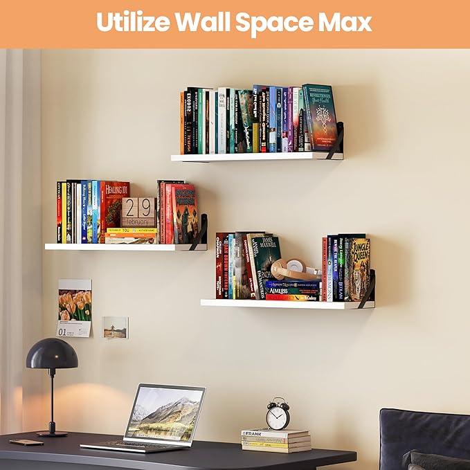 upsimples Floating Book Shelves for Wall, 23.6 Inches Floating Wood Shelves for Living Room, Laundry Room, Bedroom, Office Organizer and Storage, White - ModernBath