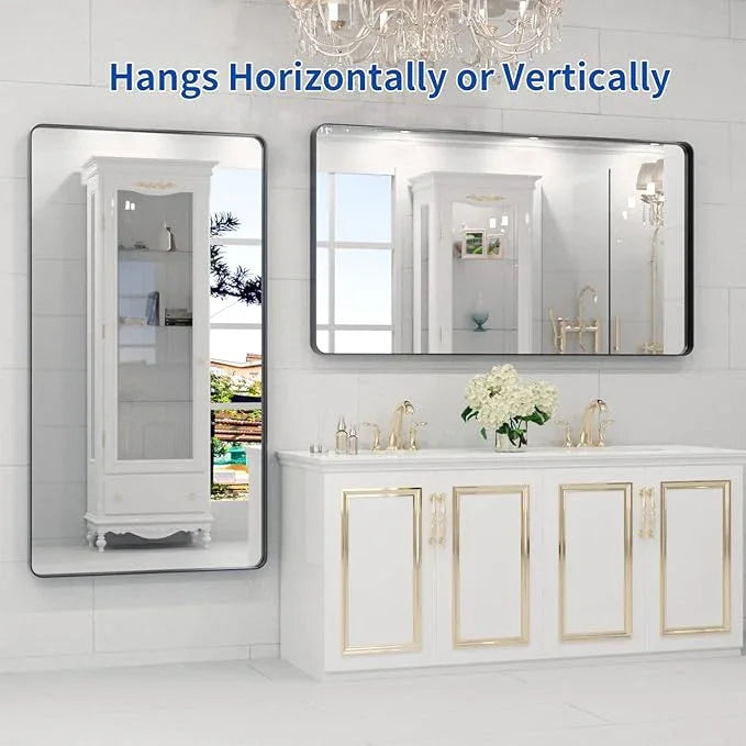 WEER Black Metal Frame Bathroom Mirror, 55x30 Inch Black Bathroom Vanity Mirror for Over Sink Wall, Rounded Rectangle Matte Black Mirror, Anti-Rust, Tempered Glass, Hangs Horizontally or Vertically - ModernBath
