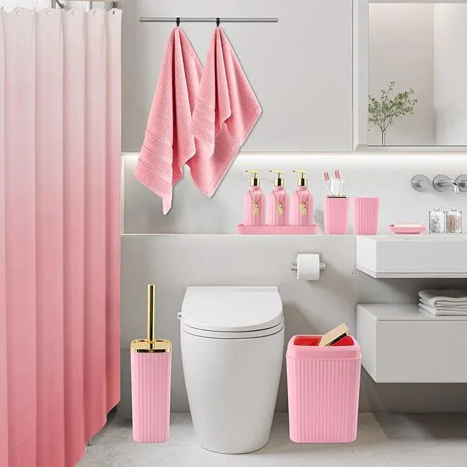 WSBArt 32PCS Bathroom Accessories Set Bathroom Set,Pink Shower Curtain Set,Bath Towel Set,Hand Towel,Toilet Brush,Trash Can & 3PCS Soap Dispenser - ModernBath