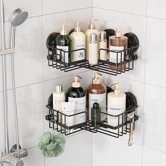 LEVERLOC 2 Pack Corner-adaptive Suction Cup Shower Caddies, Drill-Free Wall Mounted Basket, Stainless Steel Rustproof Corner Shower Shelf, Large Capacity Removable Suction Bathroom Organizer, Black - ModernBath