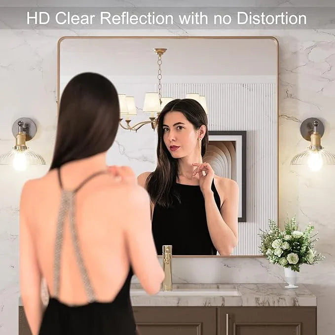 LOAAO 36”X36” Gold Bathroom Mirror, Rounded Rectangle Gold Frame Mirror, Brushed Gold Bathroom Vanity Mirror Wall-Mounted, Anti-Rust, Tempered Glass, Hangs Horizontally or Vertically - ModernBath