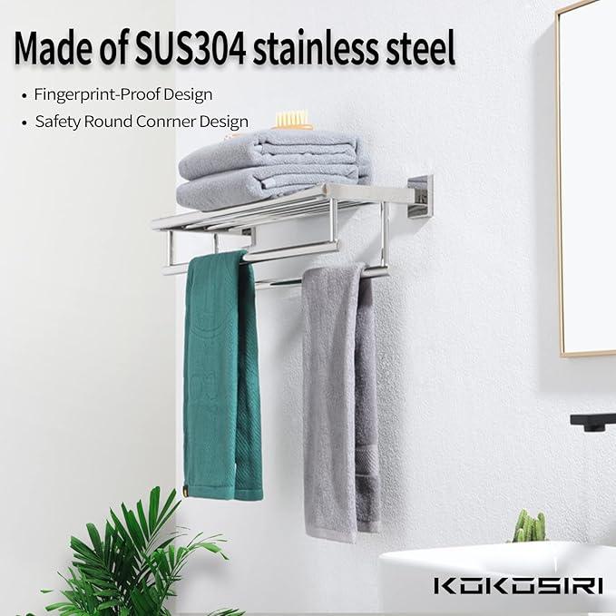 KOKOSIRI Bathroom Towel Rack Towel Holder 20 Inch Towel Shelf with Double Towel Bars Wall Mounted SUS 304 Stainless Steel, Polished Chrome, B6005CH-L20 - ModernBath