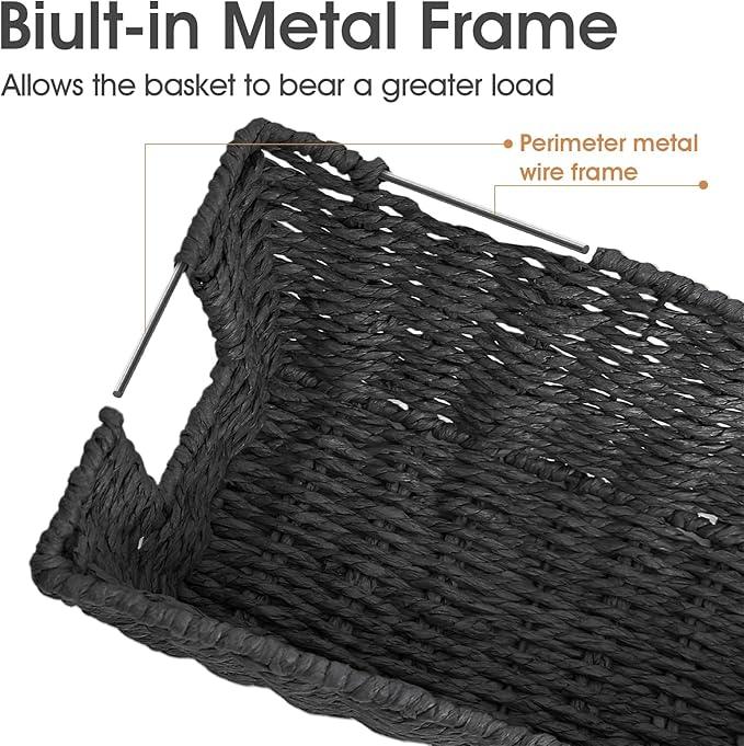Paper Rope Storage Baskets for Shelves Organizing, Small Hand Woven Wicker Organizer Basket with Handle for Bathroom Toilet Paper Storage, Black, 3-Pack - ModernBath