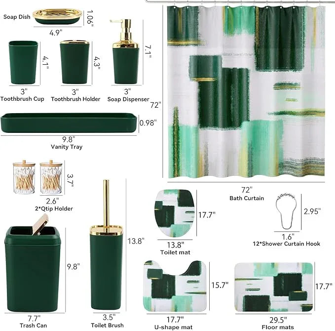 XLHOMO Bathroom Set - Dark Green and Gold Bathroom Accessories Set, Bathroom Sets with Shower Curtain and Rugs, Green Shower Curtain Set with Bathroom Trash Can, Soap Dispenser, Soap Dish for Home - ModernBath