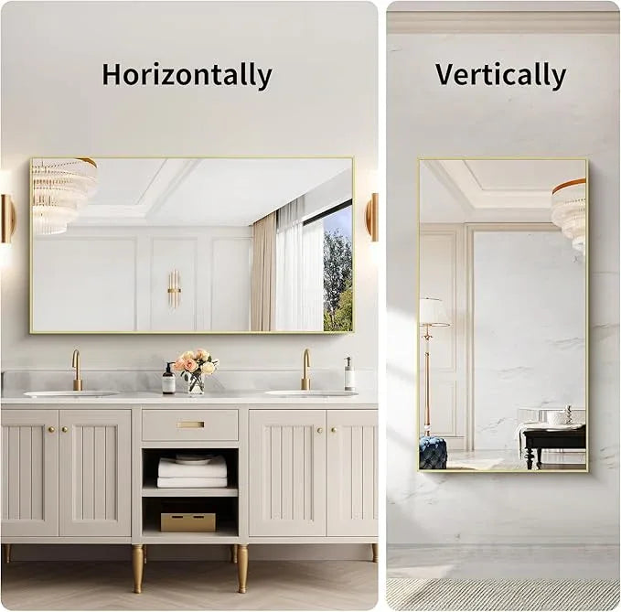 COFENY 30x55In Gold Bathroom Mirror for Wall, Brushed Gold Rectangle Mirrors with Metal Frame, Bathroom Rectangular Mirror Modern Wall Mirror for Bedroom Living Room, Hangs Horizontal or Vertical - ModernBath