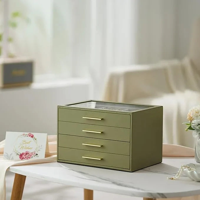 Jewelry Box Organizer Case for Women: 4-Layer Jewelry Storage Case with Glass Window, Olive Green Leather with Cream Velvet, Holder for Ring Necklace Bracelet Brooch Watch, Great Gift for Her - ModernBath