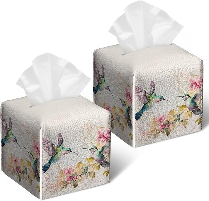 Humming Bird Floral Tissue Box Cover 2PCS, Leather Tissue Box Holder Square Facial Paper Case Tissue Box Cube Organizer for Bathroom Bedroom Desk Office - ModernBath