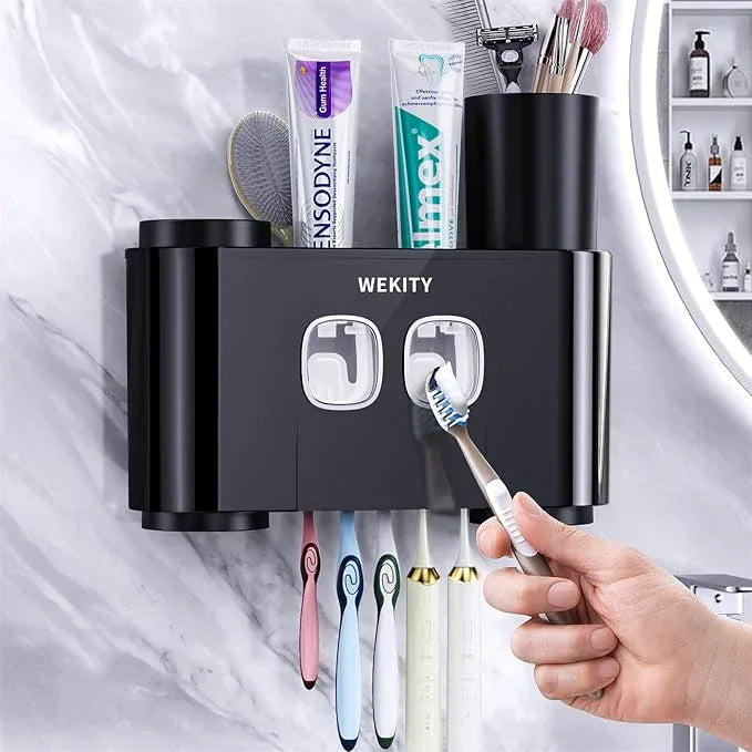 Toothbrush Holder,Multi-Functional Wall Mounted Toothbrush Holder,Toothpaste Dispenser for Bathroom with 2 Toothpaste Squeezers,5 Toothbrush Slots and 4 Cups(Black) - ModernBath