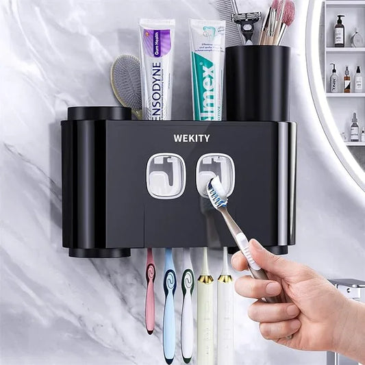 Toothbrush Holder,Multi-Functional Wall Mounted Toothbrush Holder,Toothpaste Dispenser for Bathroom with 2 Toothpaste Squeezers,5 Toothbrush Slots and 4 Cups(Black) - ModernBath