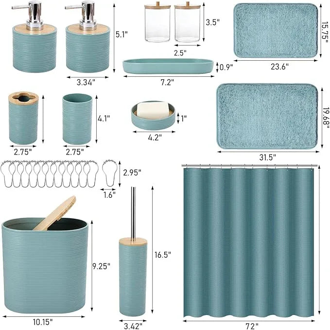 XLHOMO Bathroom Set - Light Blue Bathroom Accessories Set, Bathroom Sets with Shower Curtain and Rugs, 25PC Shower Curtain Set with Hooks, Soap Dispenser, Soap Dish, Toilet Brush Holder and Trash Can - ModernBath