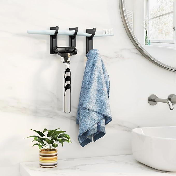 pickpiff Adhesive Wall Coat Hooks - Heavy Duty Stick-On Door Hanger, Metal Hook for Hanging Towel,Purse, Robe, Backpack, Jacket, Clothes - for Bathroom,Dorm, Closet, Kitchen - Black, 4 Pack - ModernBath