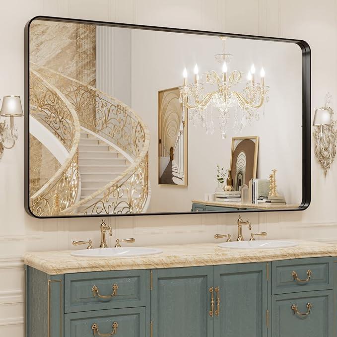 WEER 50X30 Inch Black Metal Framed Bathroom Mirror, Black Bathroom Vanity Mirror Farmhouse, Rounded Rectangular Matte Black Wall Mirrors, Tempered Glass, Anti-Rust (Horizontal/Vertical) - ModernBath