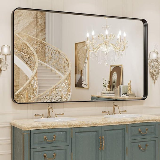 WEER 50X30 Inch Black Metal Framed Bathroom Mirror, Black Bathroom Vanity Mirror Farmhouse, Rounded Rectangular Matte Black Wall Mirrors, Tempered Glass, Anti-Rust (Horizontal/Vertical) - ModernBath