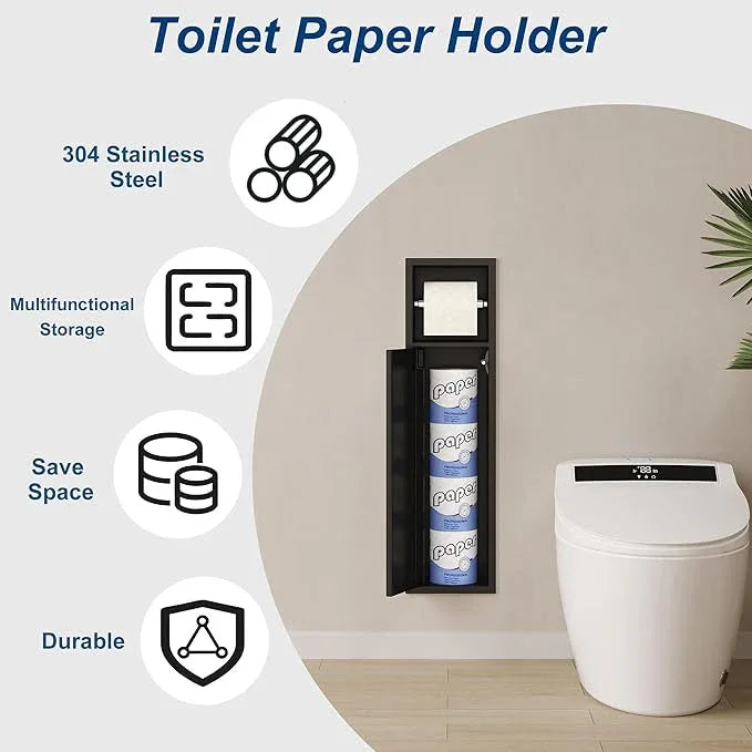 Neodrain Black Recessed Toilet Paper Holder in Wall Tissue Holder, 304 Stainless Steel Tissue Paper Holder with Dispense and Storage for Bathroom(Matte Black) - ModernBath