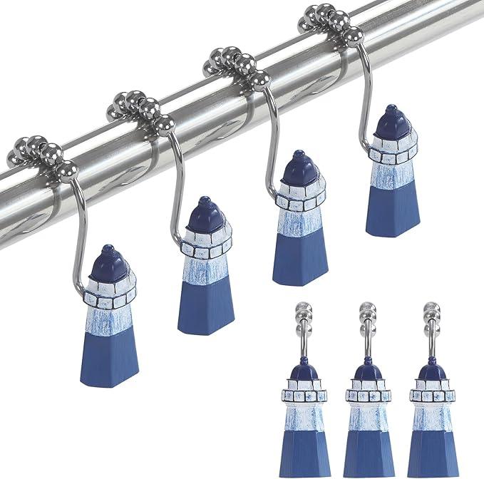 Nautical Lighthouse Shower Curtain Hooks, Rustproof Blue Ocean Bathroom Curtain Hooks, 5 Roller Ring Balls Shower Hooks for Shower Curtain, Stainless Steel Decorative Shower Curtain Hooks, Set of 12 - ModernBath