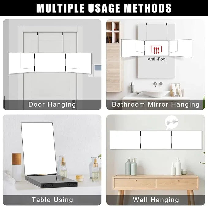 OLIBUY 3 Way Mirror for Hair Cutting, Three Way Mirror for Shaver and Makeup, Height Adjustable with Two Hold Nails, 360 Viewing Angle, Clear Anti-Fog HD Glass - ModernBath