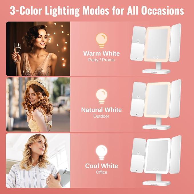 EASEHOLD Vanity Mirror with Lights, 2X 3X Magnification, Trifold, Rechargable, Touch Control - Gifts for Girls & Women - ModernBath