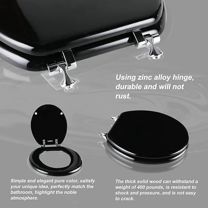 Black Round Toilet Seat Natural Wood Toilet Seat with Zinc Alloy Hinges, Easy to Install also Easy to Clean, Scratch Resistant Toilet Seat by Angol Shiold (Round, Black) - ModernBath