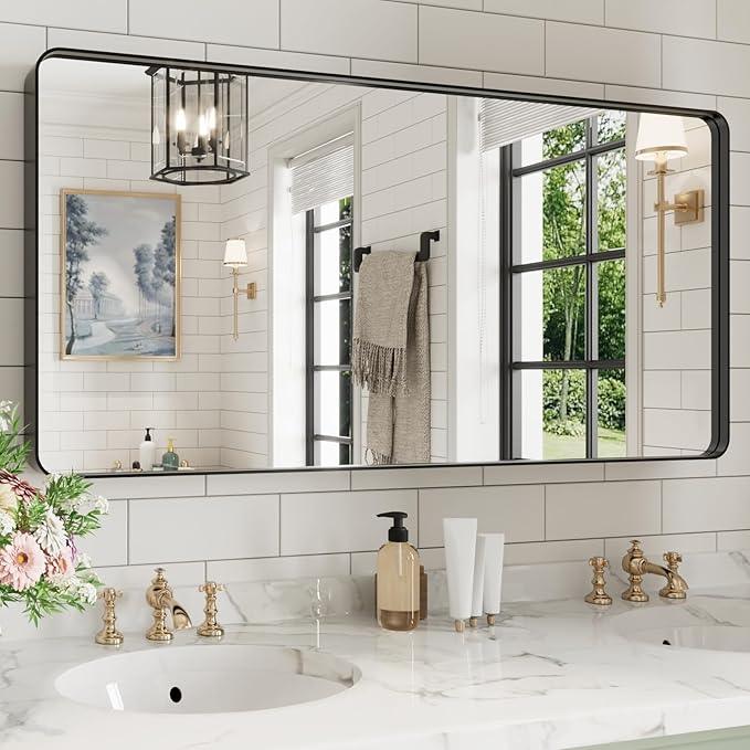 WEER Black Bathroom Mirror for Wall, 48X24 Inch Matte Black Mirror, Rectangular Black Metal Framed Vanity Mirror with Tempered Glass, Rounded Corner, Anti-Rust (Horizontal/Vertical) - ModernBath