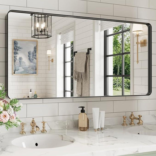 WEER Black Bathroom Mirror for Wall, 48X24 Inch Matte Black Mirror, Rectangular Black Metal Framed Vanity Mirror with Tempered Glass, Rounded Corner, Anti-Rust (Horizontal/Vertical) - ModernBath