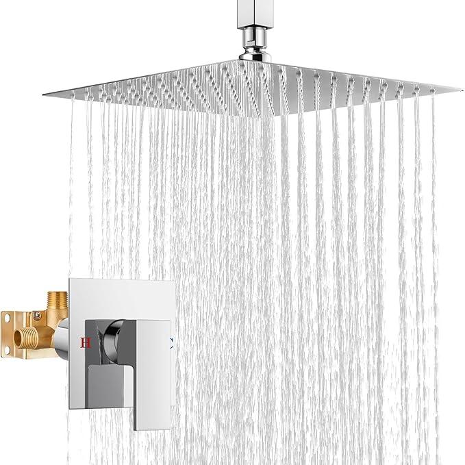 Airuida Shower Faucet Set and Handle Set Single Function Shower Trim Kit Ceiling Mount Rainfall Shower System with Male Threads and Rough-in Valve 12 Inch Square Shower Head Chrome Polish - ModernBath