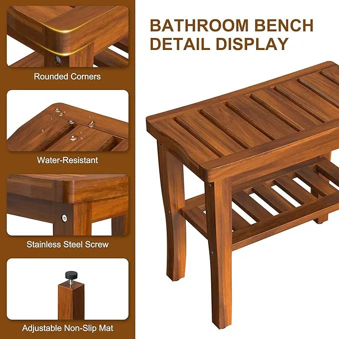 Teak Wood Shower Bench Stool with Storage Shelf, Wooden Waterproof Bathroom Spa Bathing Teak Shower Stool with Non-Slip Feet Gadget 2024 for Indoor or Outdoor Shower Chair Seat Organizer - ModernBath